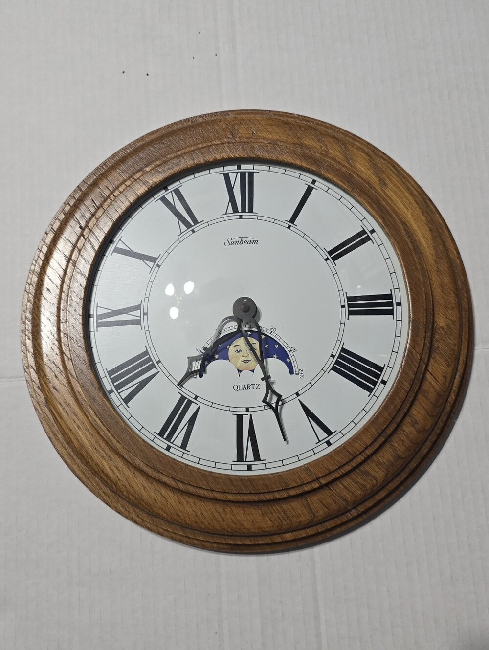 Sunbeam Quartz 12.75" Round Wood Frame Clock Vintage NWOT Stars Moon Sun Dial